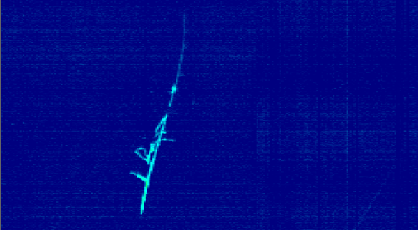 A pixelated dark-blue screen showing light-blue particle tracks on the left-hand side