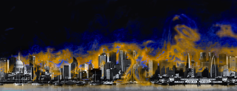 Illustration des inhomogénéités atmosphériques dans une mégalopole, montrant une « simulation des grandes structures de la turbulence » (Large Eddy Simulations) à Hong Kong, superposée à une image composite de Londres. Les inhomogénéités constatées dans les vapeurs d'ammoniac et d'acide nitrique peuvent entraîner des vitesses de croissance des particules jusqu'à plus de 100 fois supérieures à celles observées jusqu'à présent.