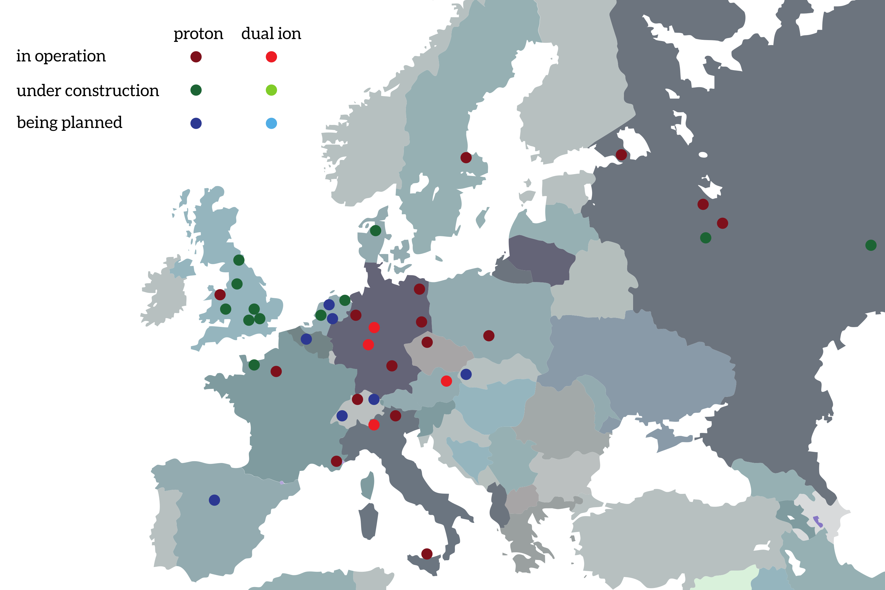 Map showing locations of European hadron therapy facilities in operation or under construction in 2016