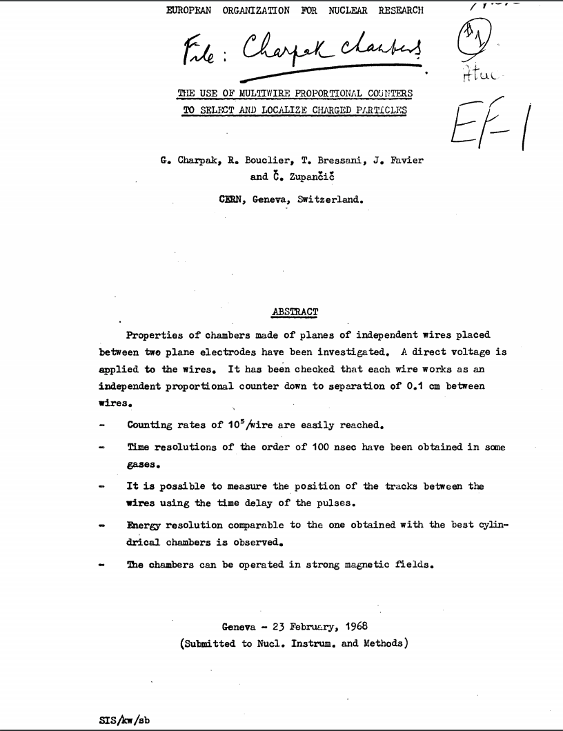 Front page of Charpaks 1968 paper on multiwire proportional counters