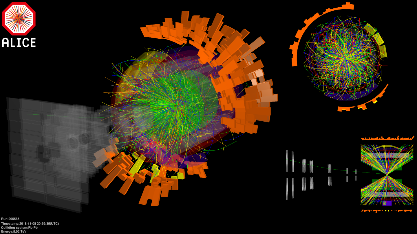 An event display showing particle showers in the ALICE detector during the first lead nuclei collisions of 2018