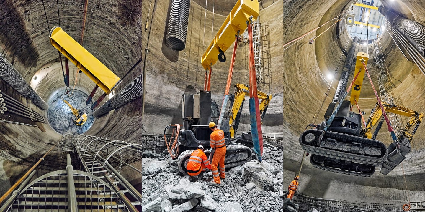 A montage of three photos showing an excavator in the shaft that was dug for the High-Luminosity LHC. The photo on the left shows the excavator at the bottom of the shaft; the middle photo shows two people in orange jumpsuits at the bottom of the shaft working with the excavator; the photo on the right shows the excavator suspended from a crane part-way through the shaft.