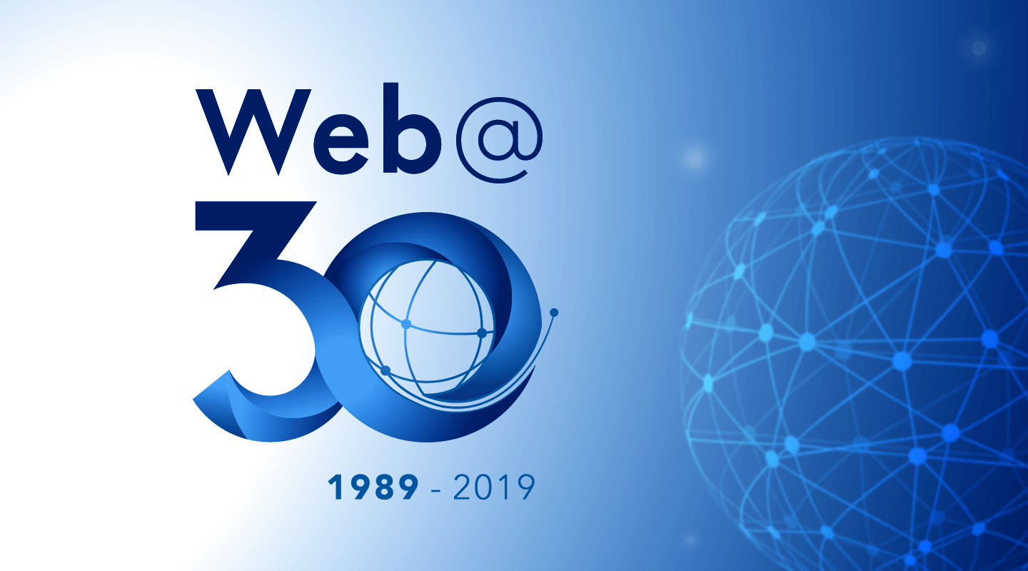 Wording Web@30 in dark blue on a background showing dots connected on a globe shape.