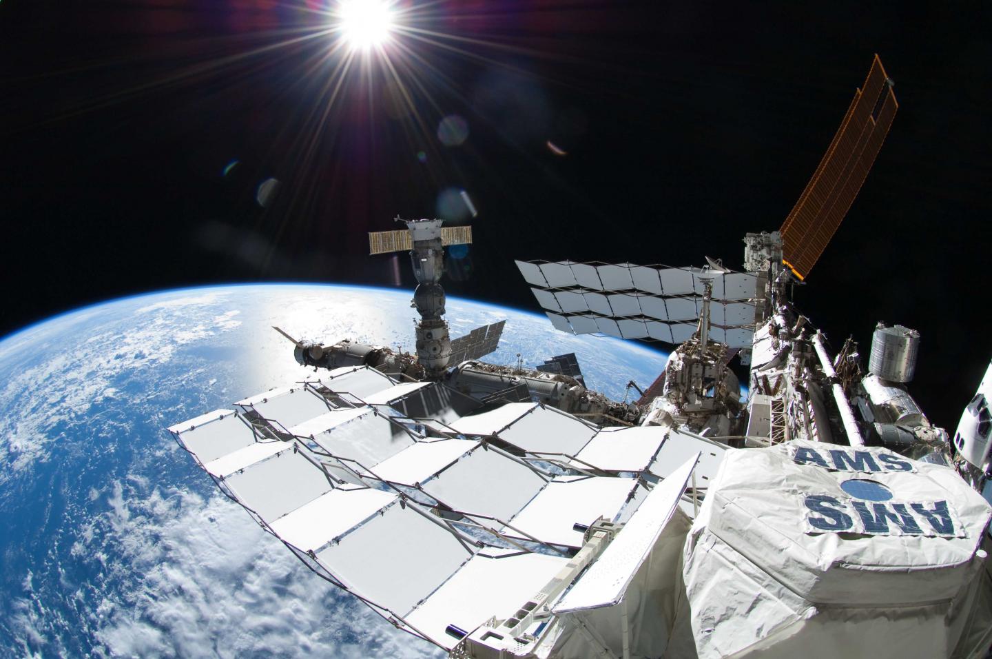 Shows AMS experiment on the International Space Station