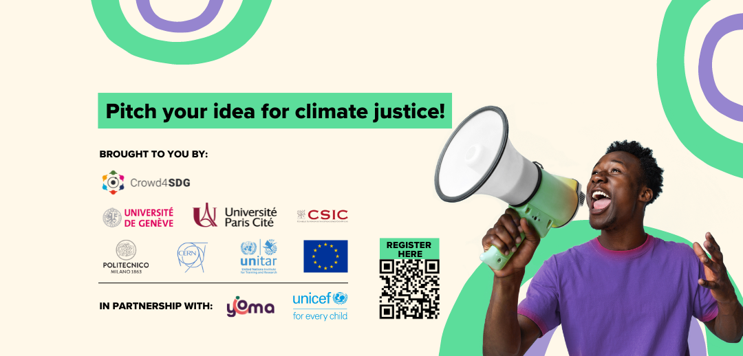Banner showing the Crowd4SDG project. It includes an activist shouting through a megaphone, the text "Pitch your idea for climate justice" and the hashtag #Open17ClimateJustice. It also shows the dates for the call for submissions, Aug 1 - Sept 30. Also on the banner are many of its partner organisations.