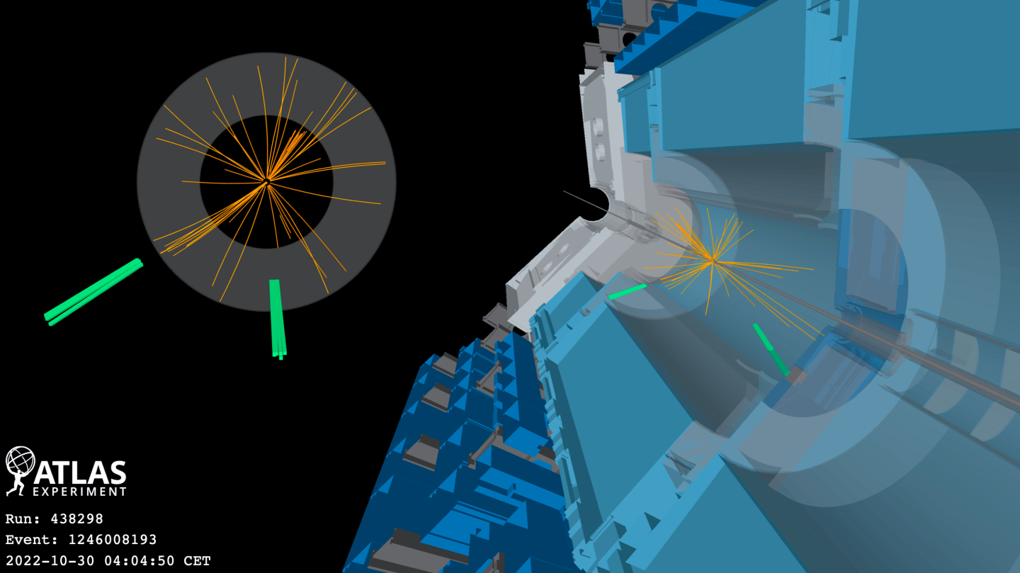 Désintégration d'un boson de Higgs candidat en deux photons dans l'expérience ATLAS. (Image : CERN)