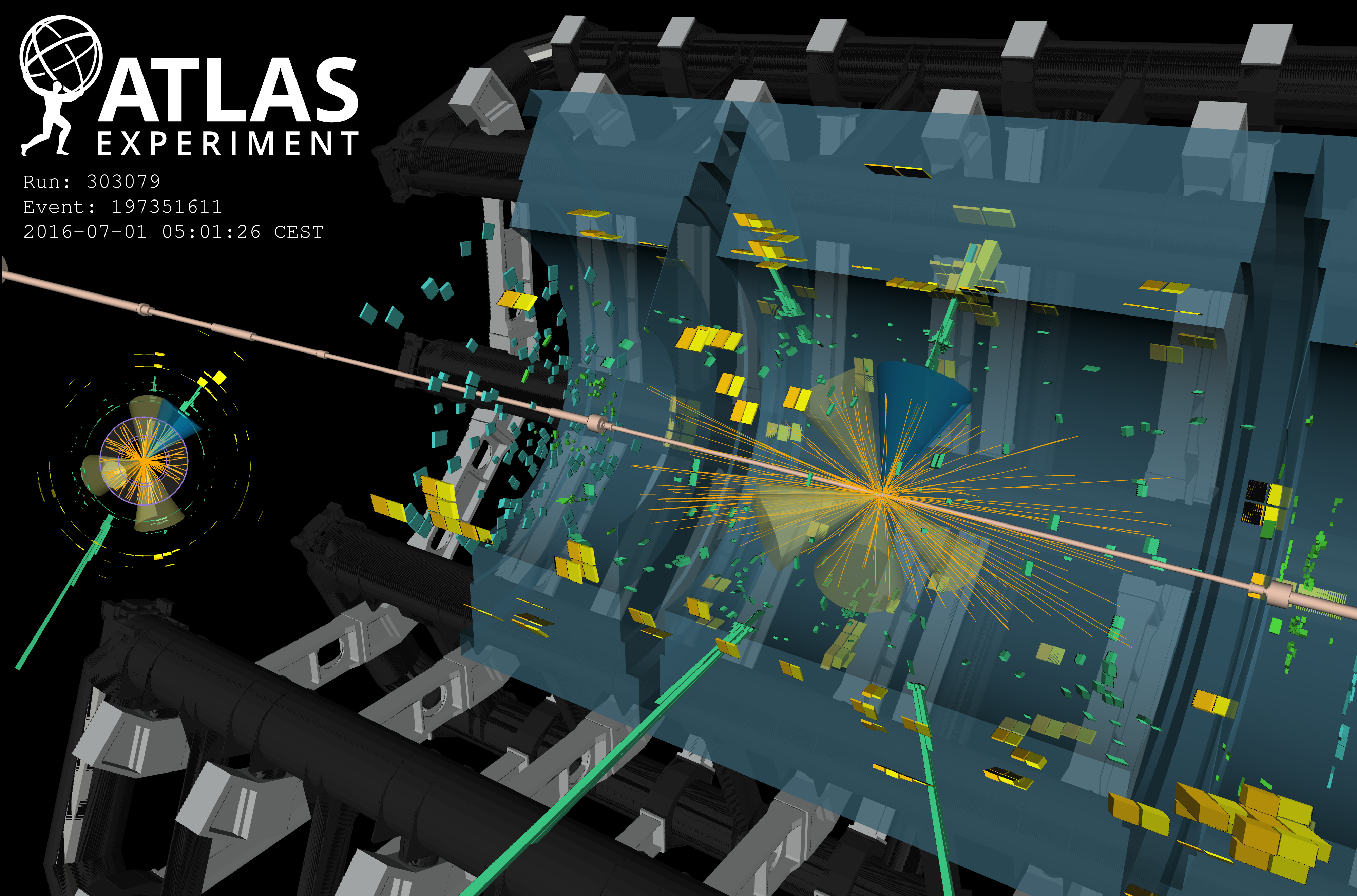 The event display shows associated Higgs-boson production with two top quarks, a process that is of vital importance to understanding the Higgs boson and represents a major challenge for precision calculations (Image: ATLAS collaboration)
