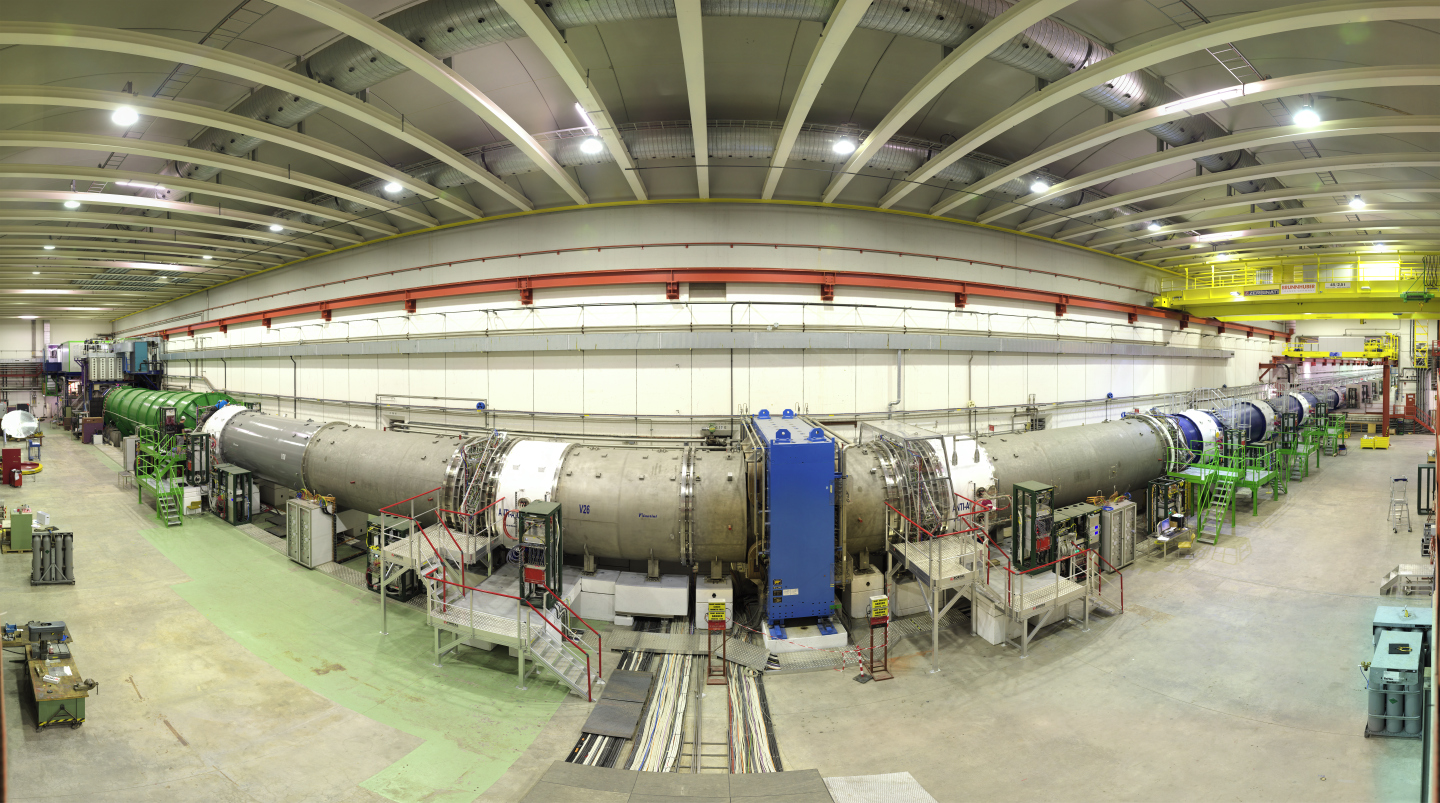 The NA62 experiment is roughly 270 metres long and is housed in the TCC8 and ECN3 caverns in CERN's North Area.  (Image: M.Brice/CERN)