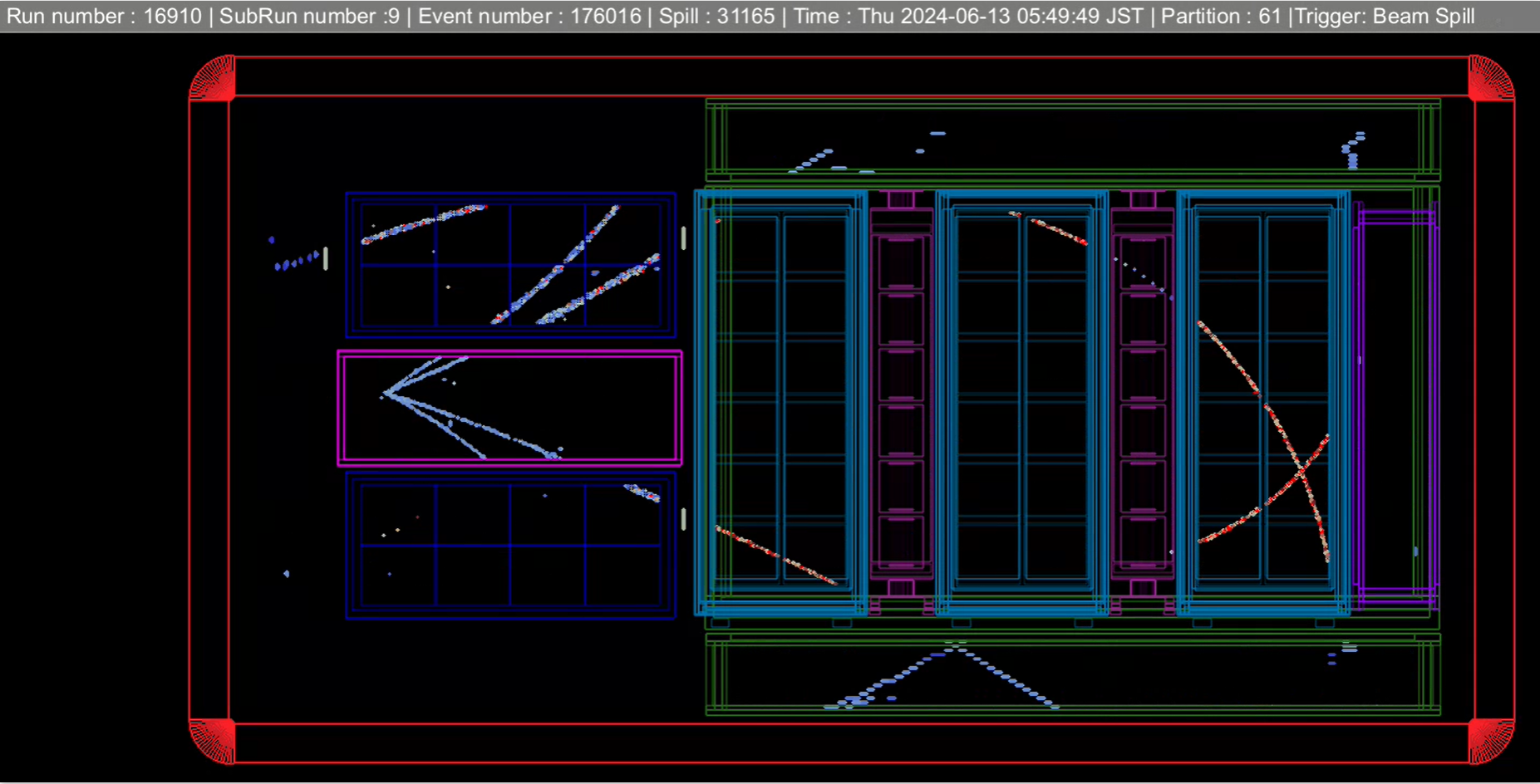 One of the first event displays showing neutrino paths in the upgraded ND280 detector. (Image: T2K)