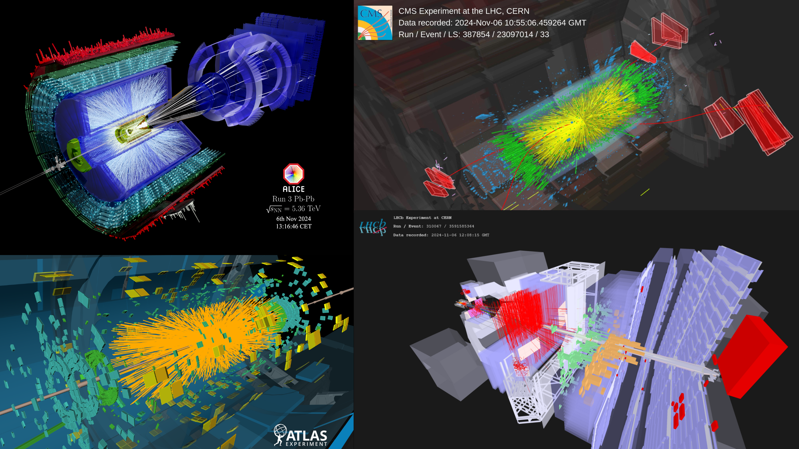 Event display showing a lead-lead collision in ALICE, ATLAS, CMS and LHCb detectors.