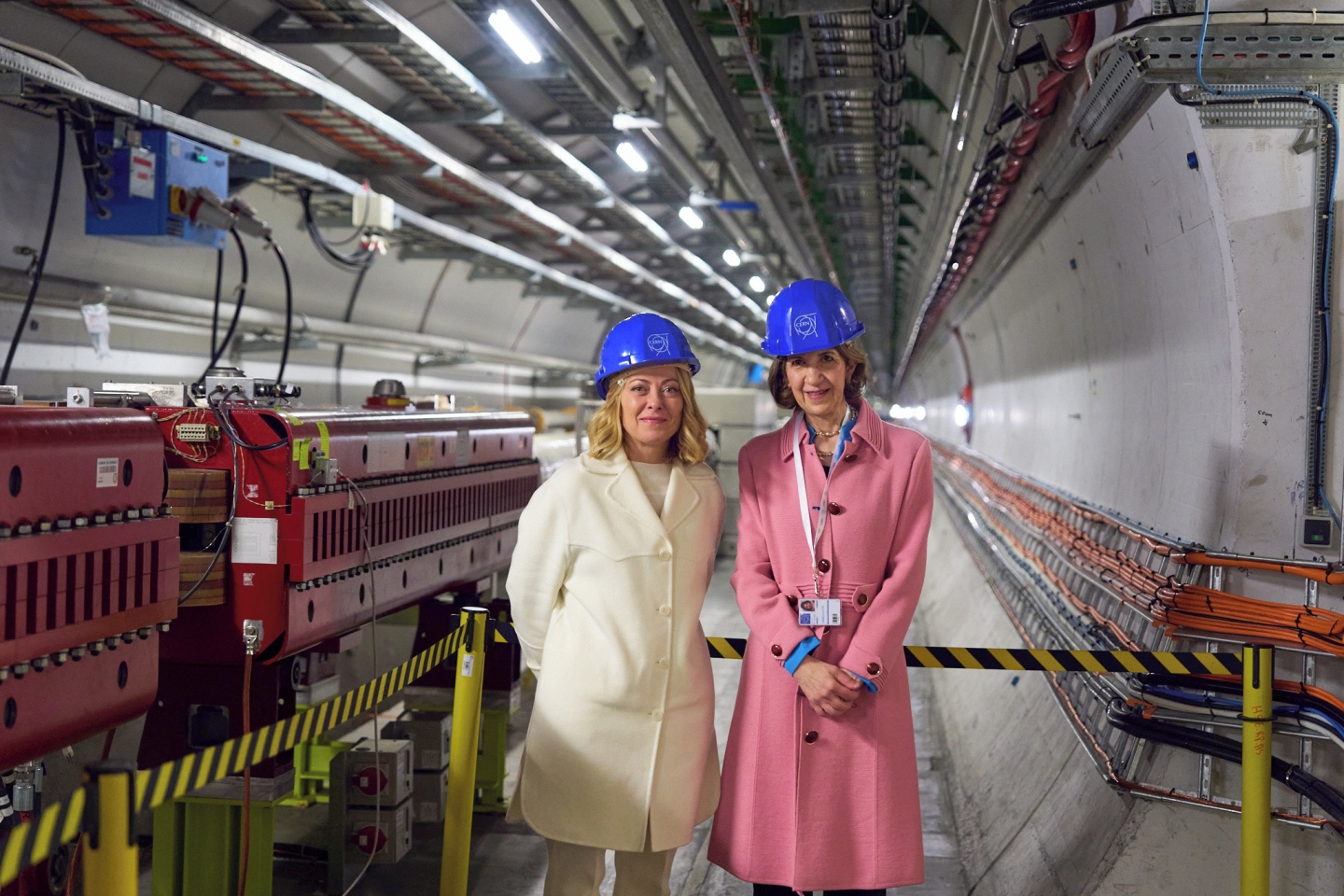 Giorgia Meloni and Fabiola Gianotti in the LHC tunnel