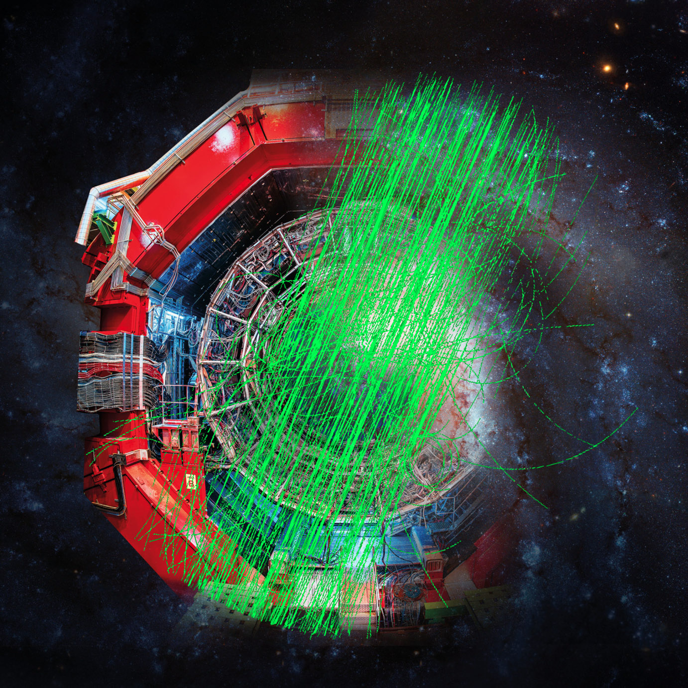 Artist’s impression of a cosmic-ray muon event (green lines) reaching the ALICE detector.