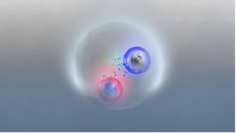 Artist's impression of the short-lived union of a top quark and a top antiquark formed by the exchange of gluons. (Image: D. Dominguez/CERN)