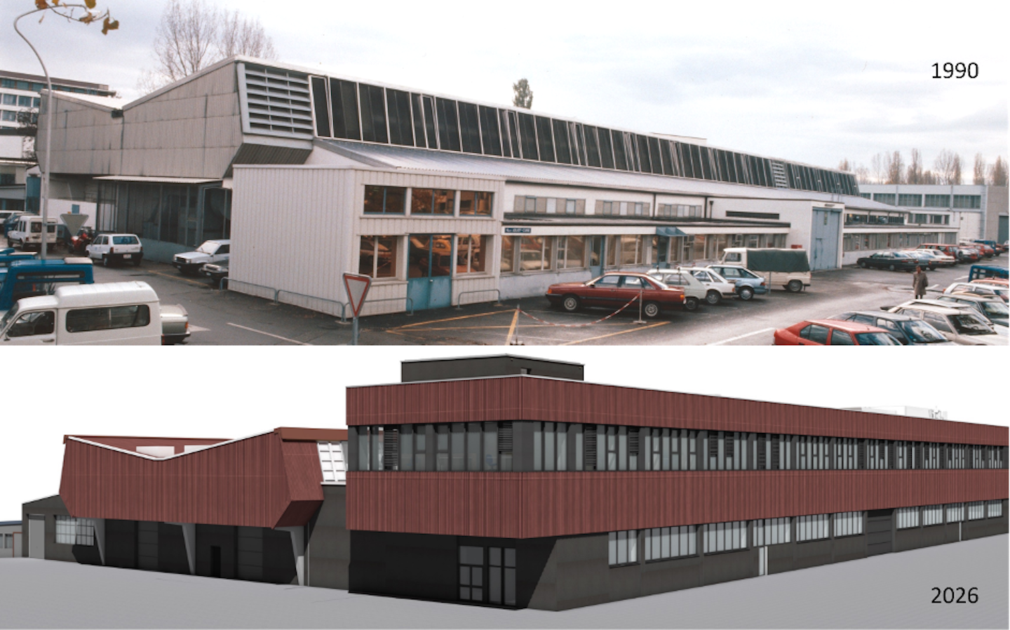 Views of Buidling 100 in 1990 and 2026