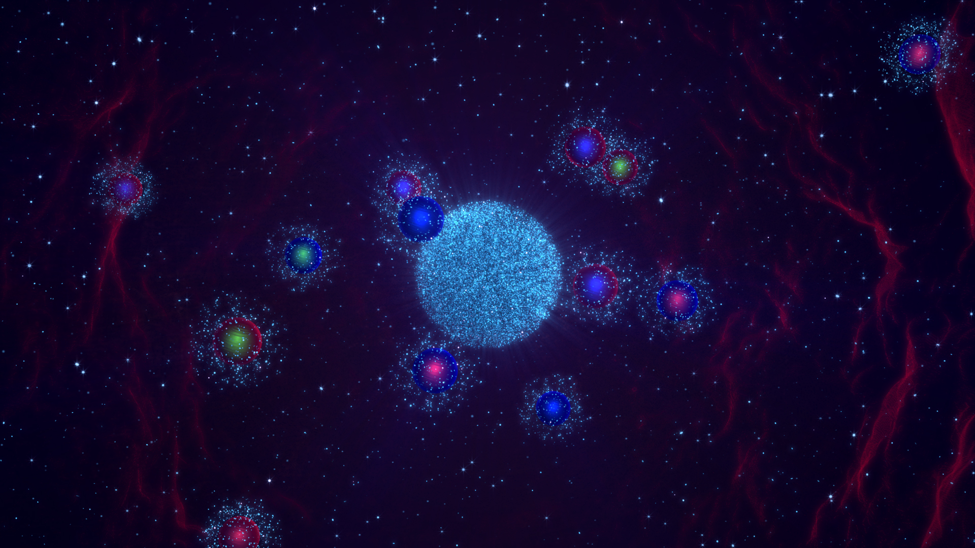 View of particles represented by circles of different colors on a purple background