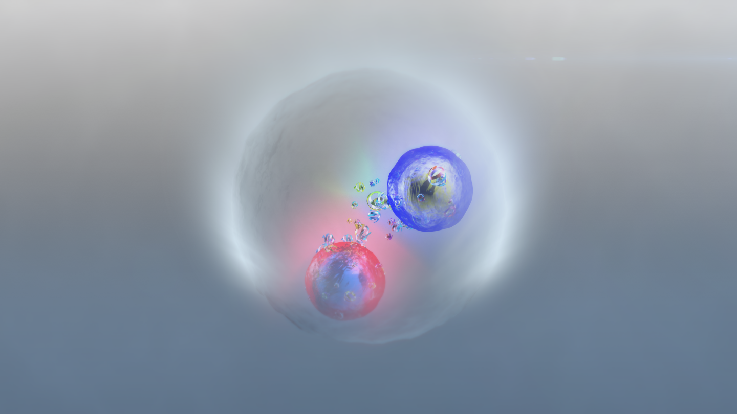 On a light blue-grey background there are two circles (one blue and one red) representing quarks between which small objects are passing back ad forth. This is all contained within a larger grey sphere representing the toponium