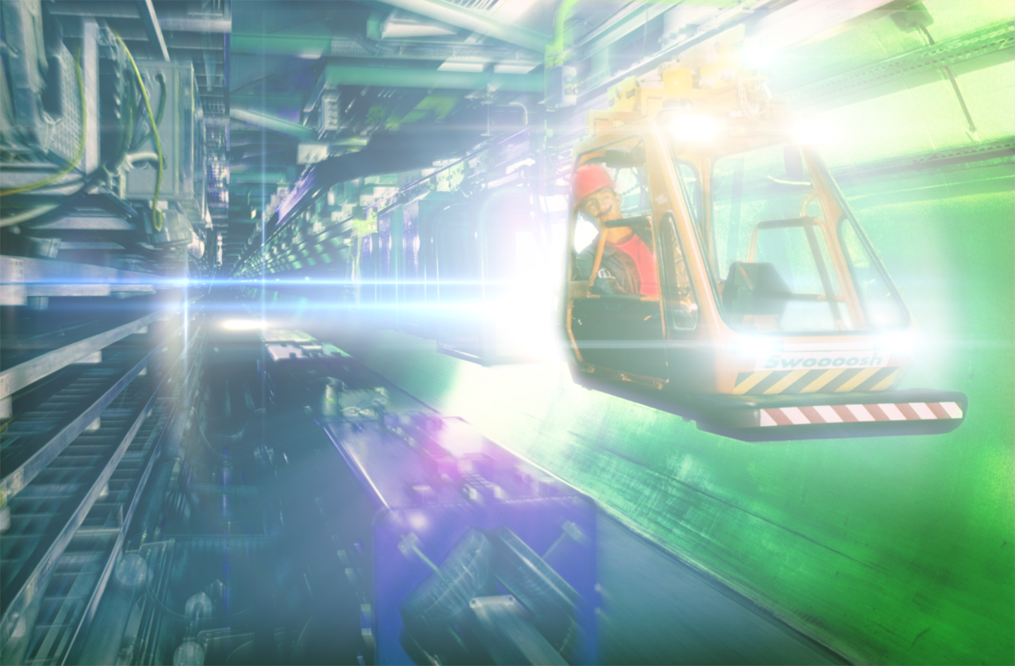 Kart with driver speeding through the underground tunnel