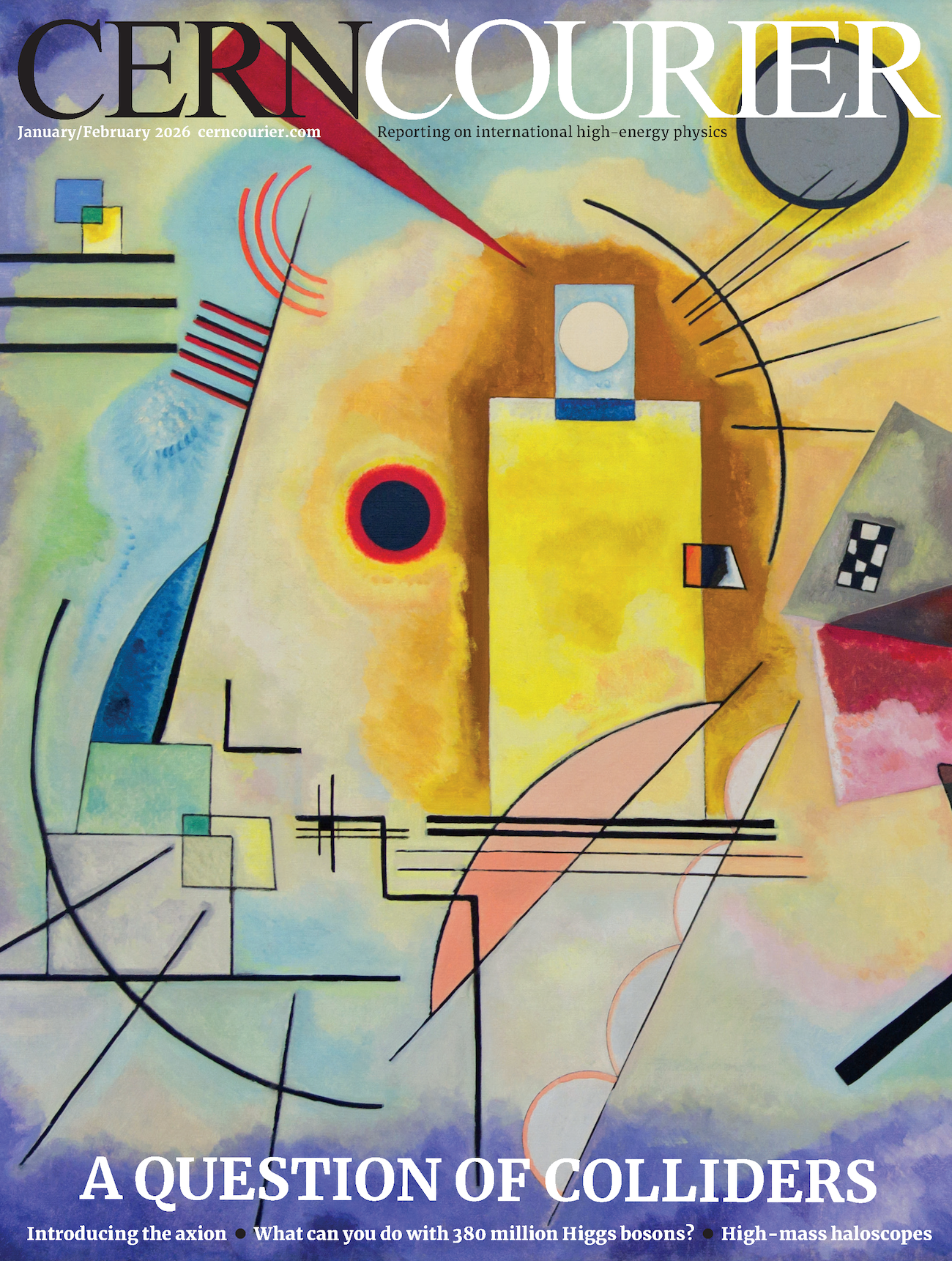 January/February Courier Cover, showing a painting of a collection of abstract lines and shapes, with the title "A QUESTION OF COLLIDERS" at the bottom over the top of the image
