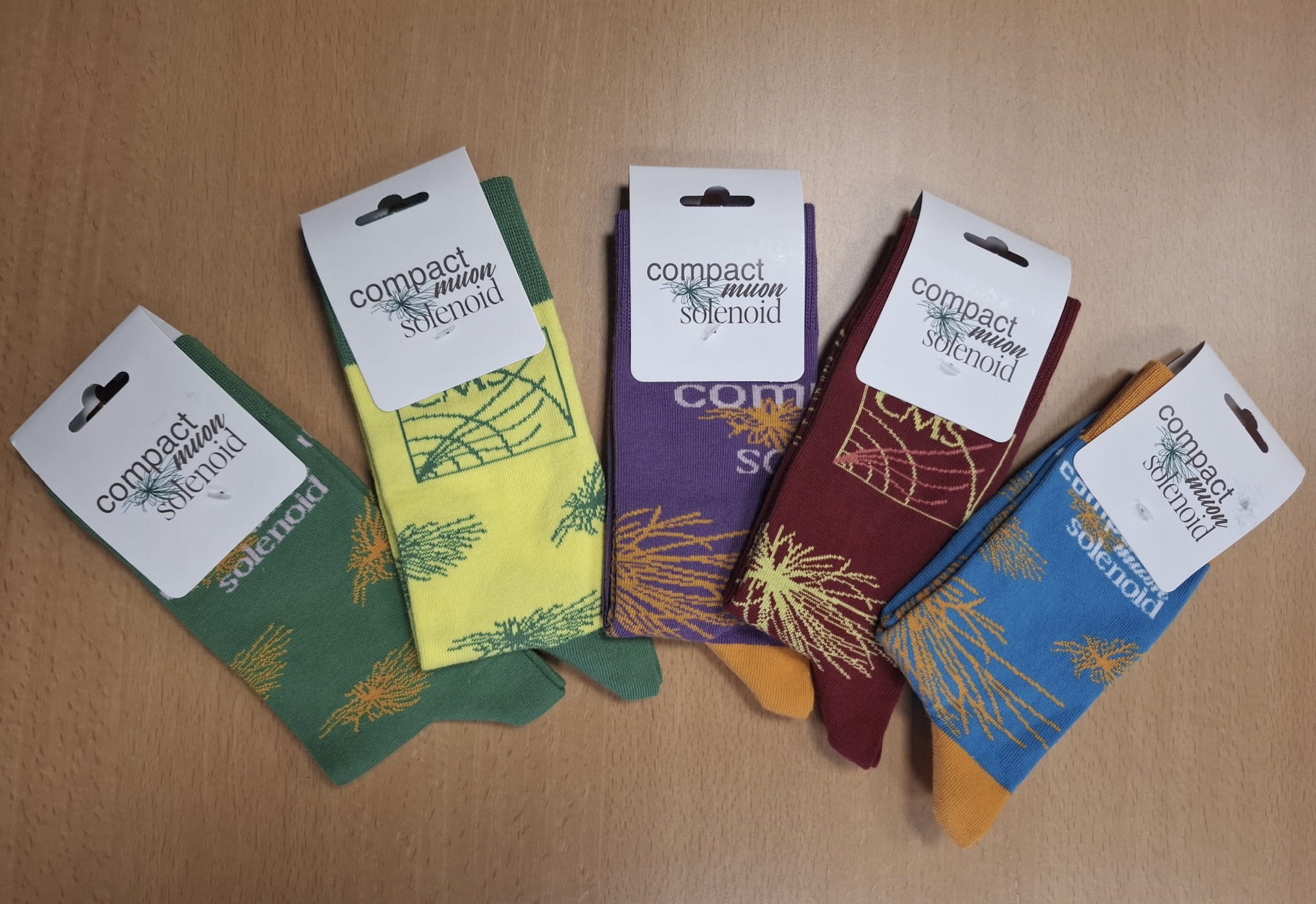 Collection of colourful CMS experiment socks