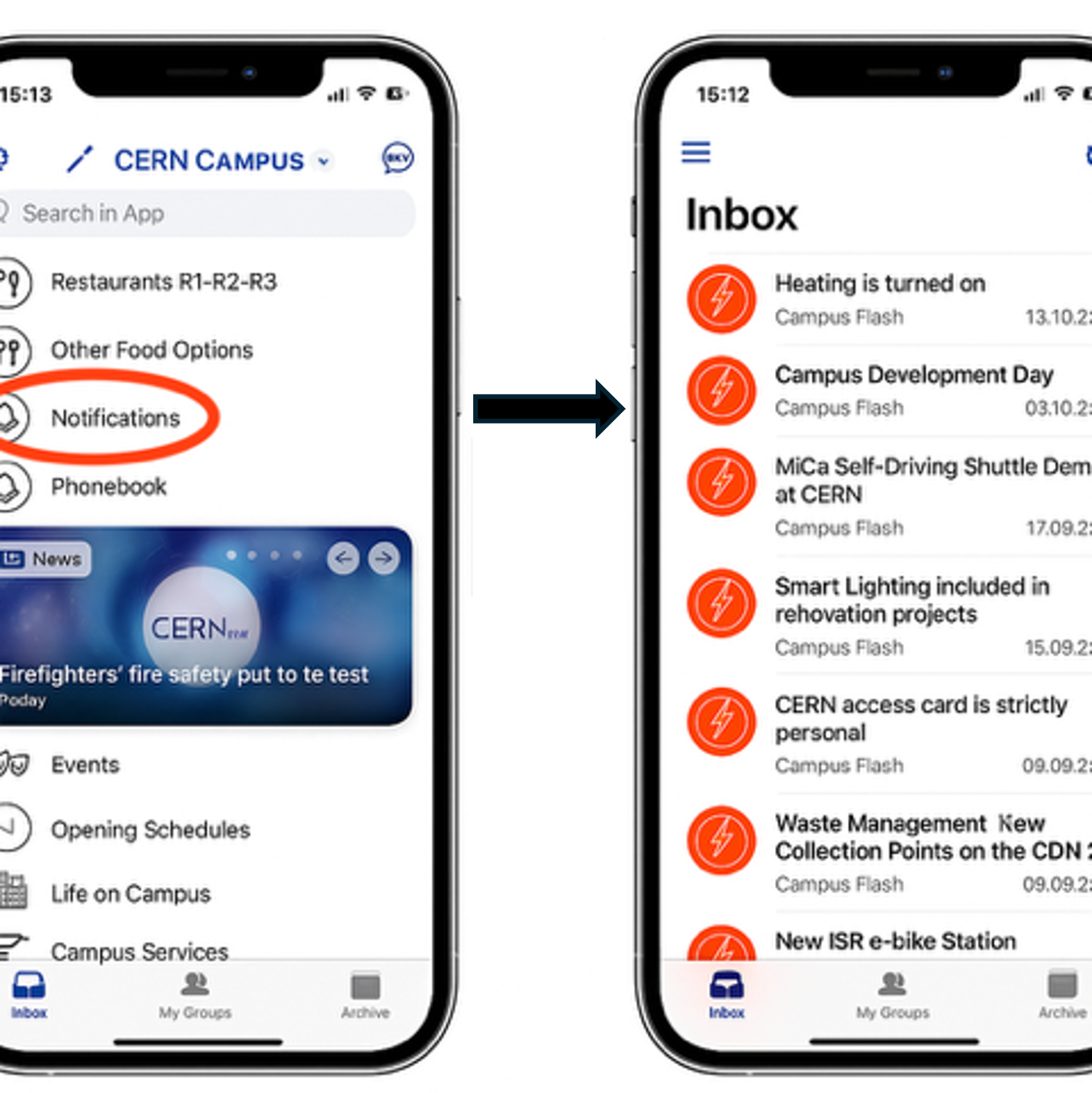 Two mobile phones with screens showing the notifications in the main menu and a list of Campus Flash notifications