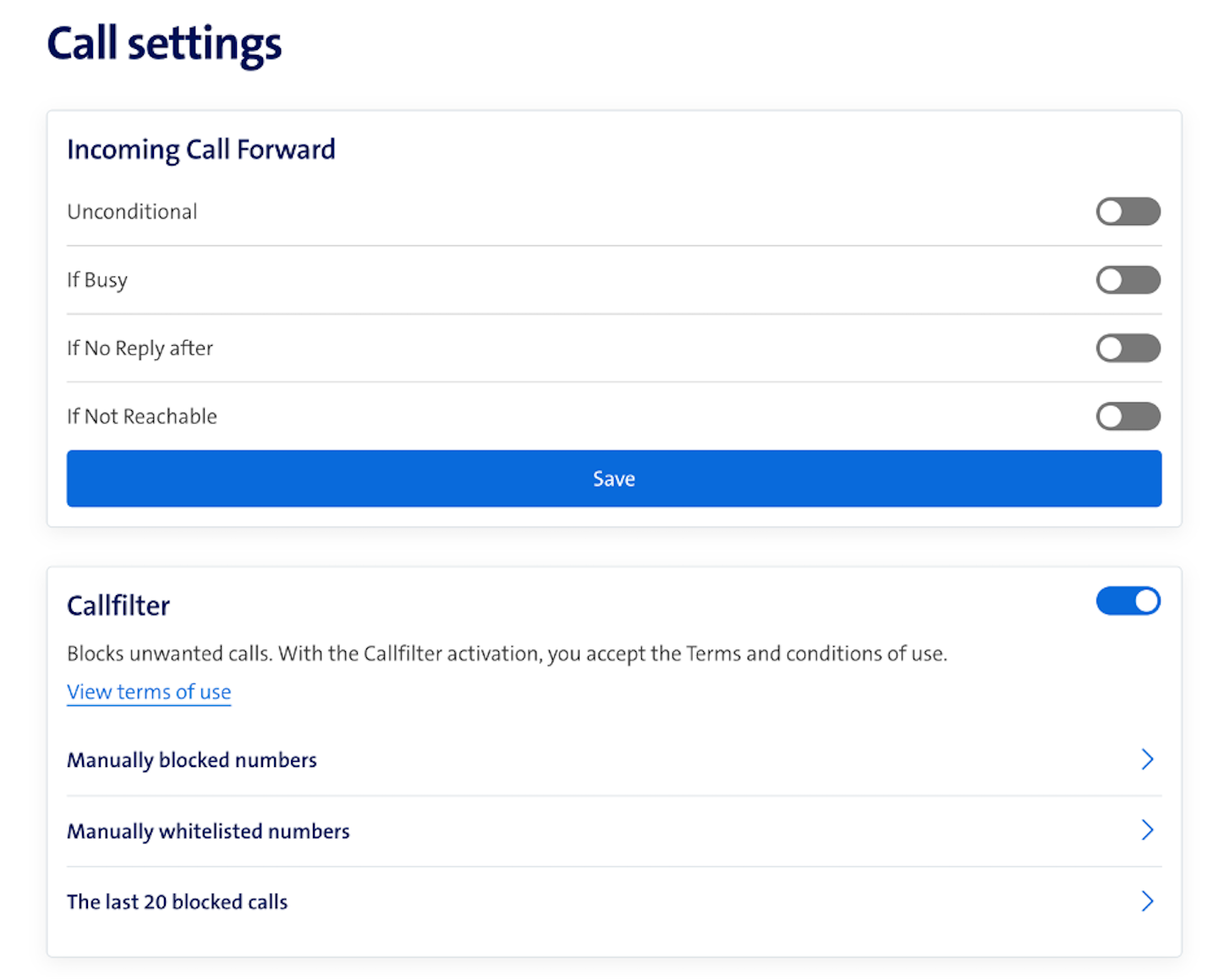 Call settings page