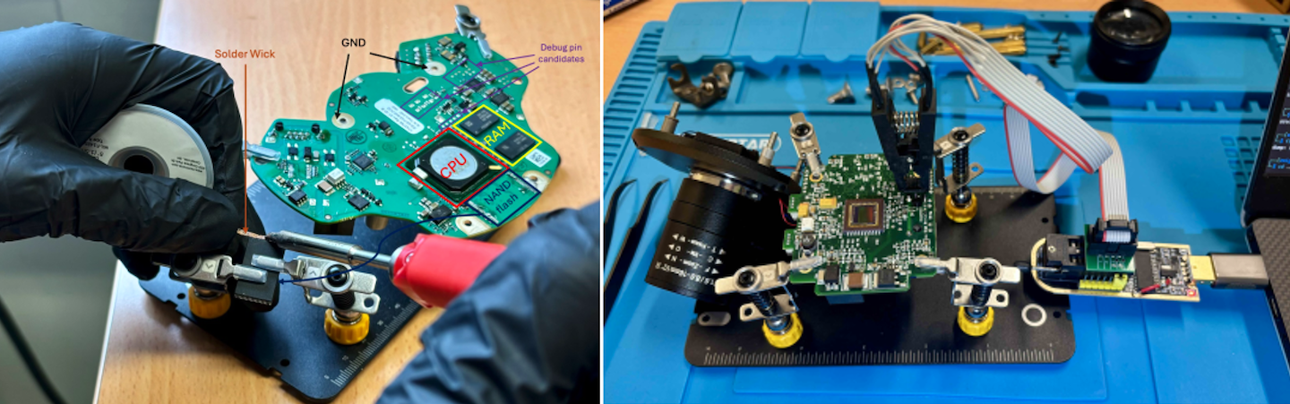 Gloved hands working with tools on an electronic circuit