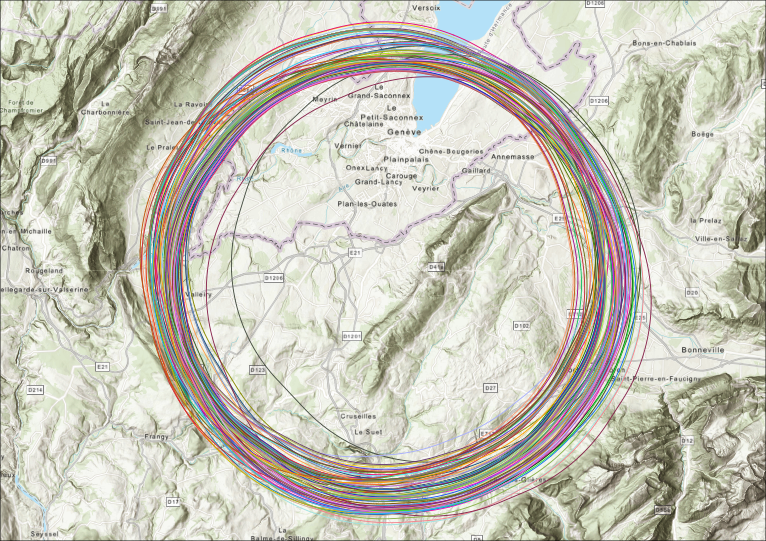 Map overlaying 100 different placements (as coloured circles) of the FCC