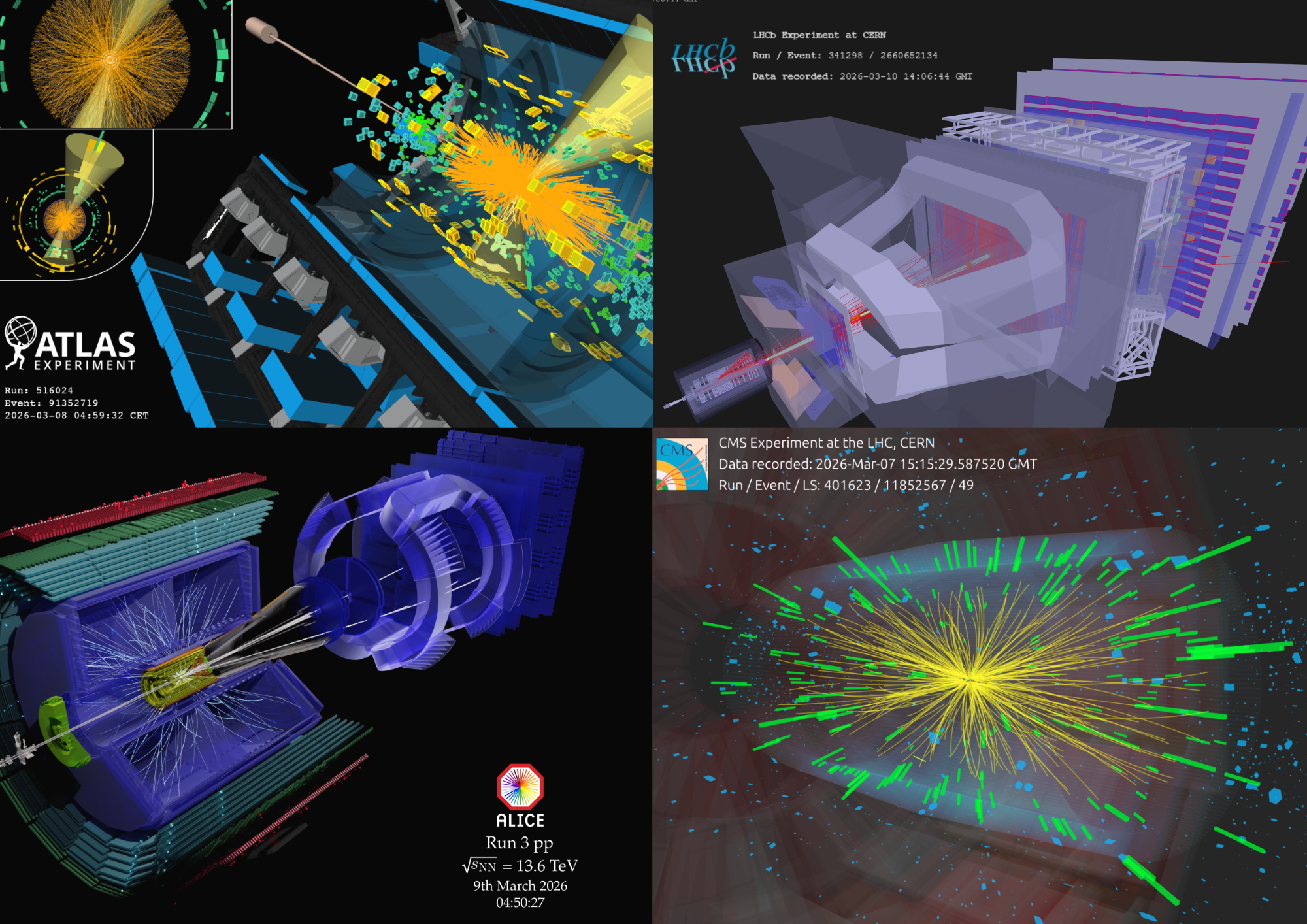 4 images of event displays representing collisions in the 4 mains LHC experiments. Particles generated by the LHC collisions leave tracks in the detector which are reprsented by lines of different colours. 