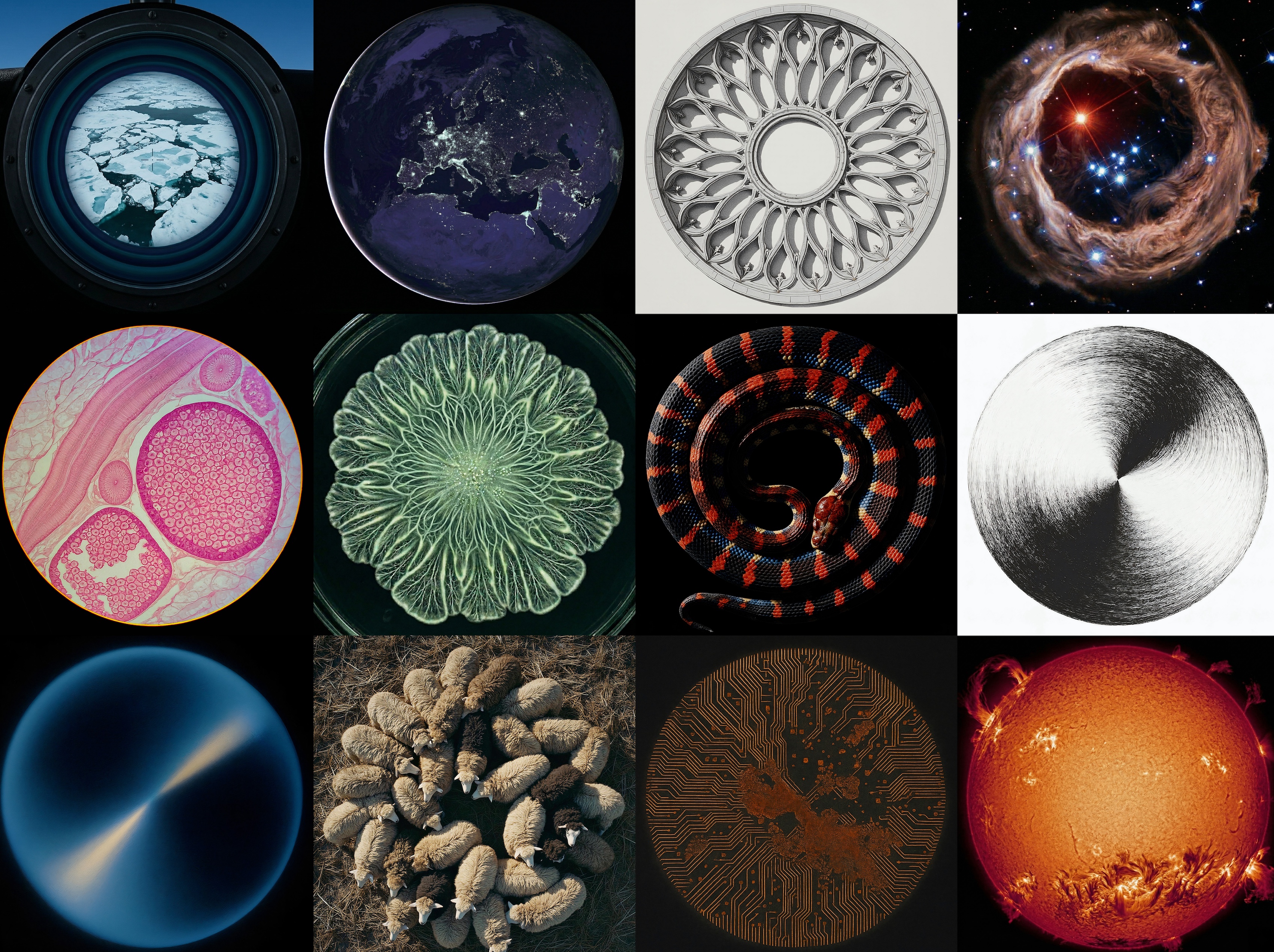 Mosaic of circular based images related to the science of Open Research Europe