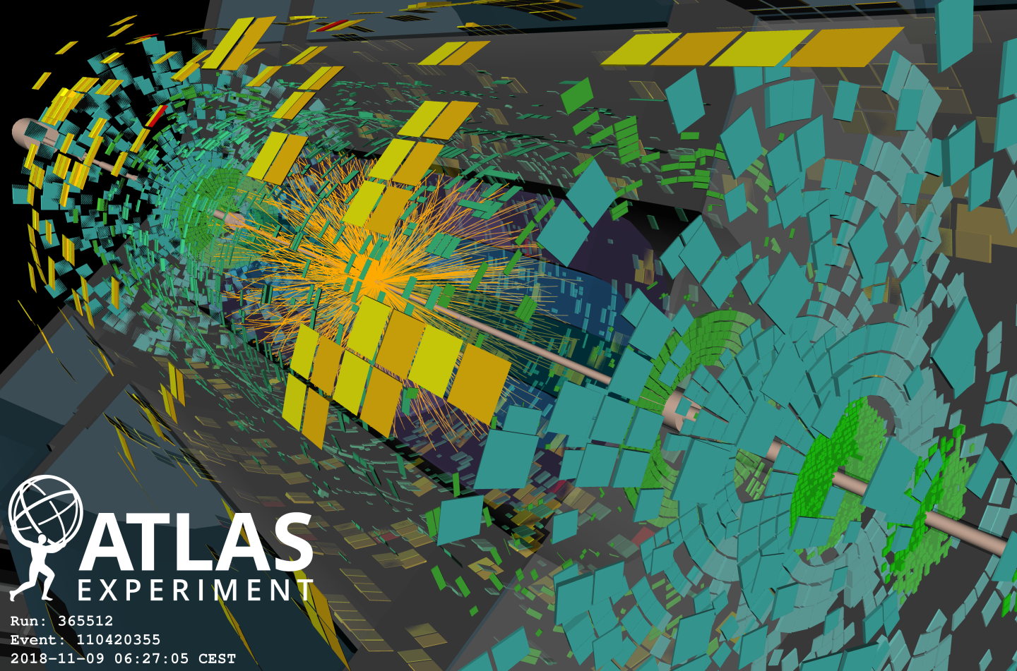 Image d'une collision entre deux noyaux de plomb dans le détecteur ATLAS, l'une des premières de 2018. 