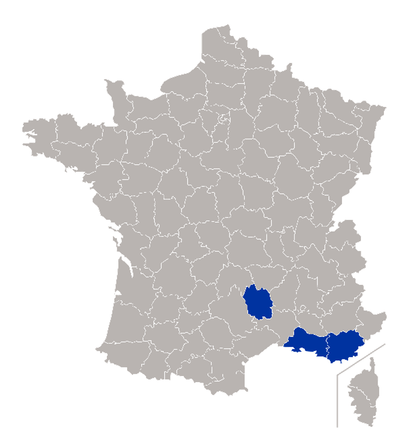 Map showing departments of France, three of which are highlighted