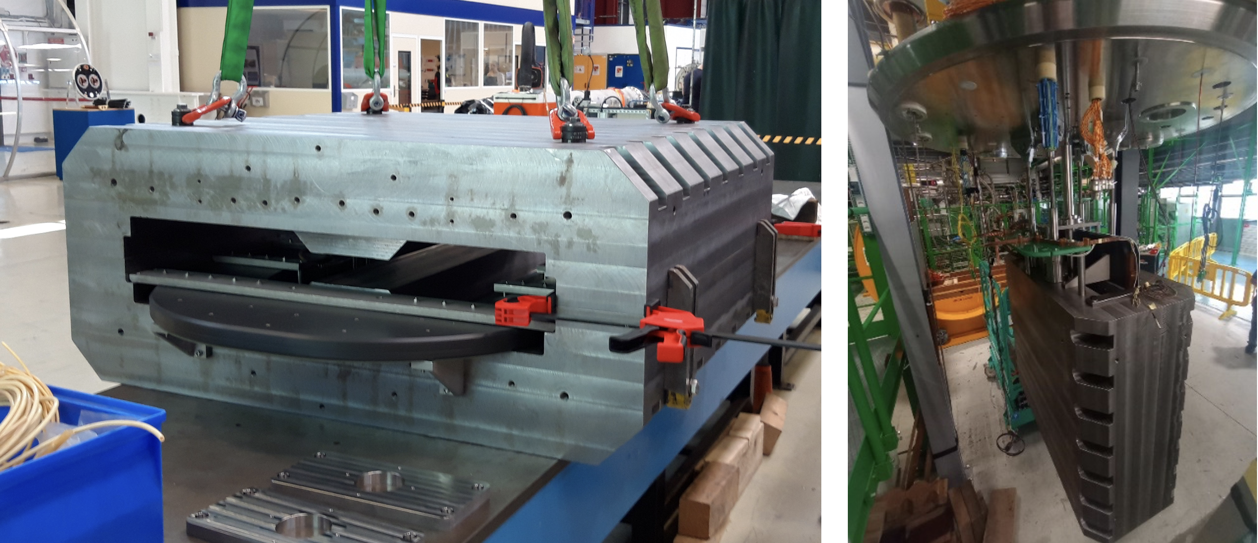 The demonstrator magnet in the horizontal position, during the last stages of assembly (left), as well as when attached to a vertical insert for testing in one of the CERN SM18 cryogenic test stations (right).  