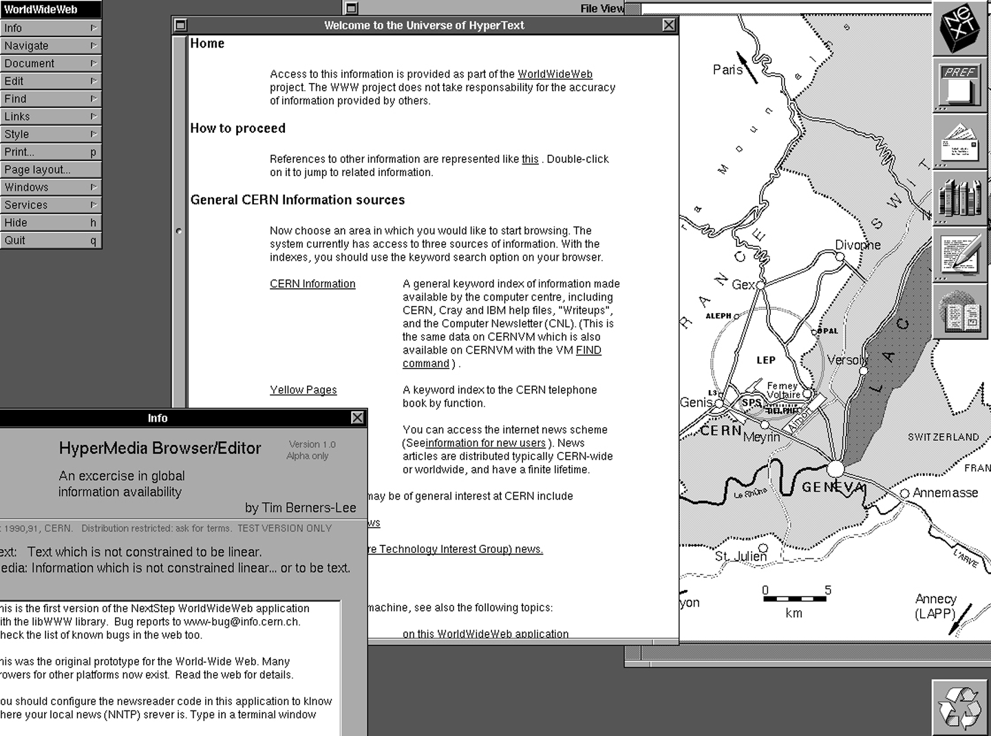 A screenshot of the first web browser, developed by Tim Berners-Lee on a NeXT computer, which was itself called 'WWW' (Image: CERN)