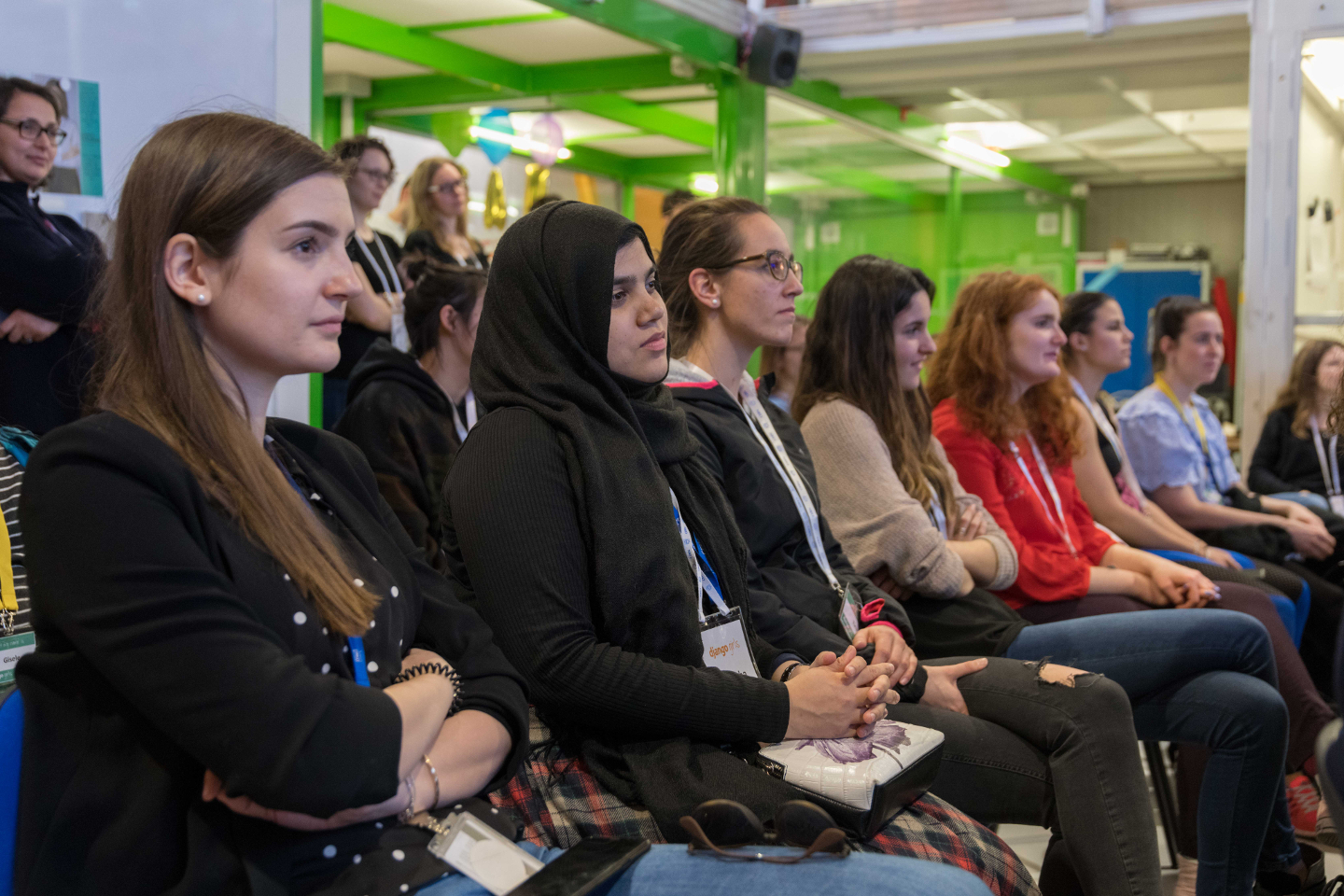 The volunteers of the Django Girls workshop attending the talk by the Deputy Head of CERN’s IT department, Maite Barroso Lopez
