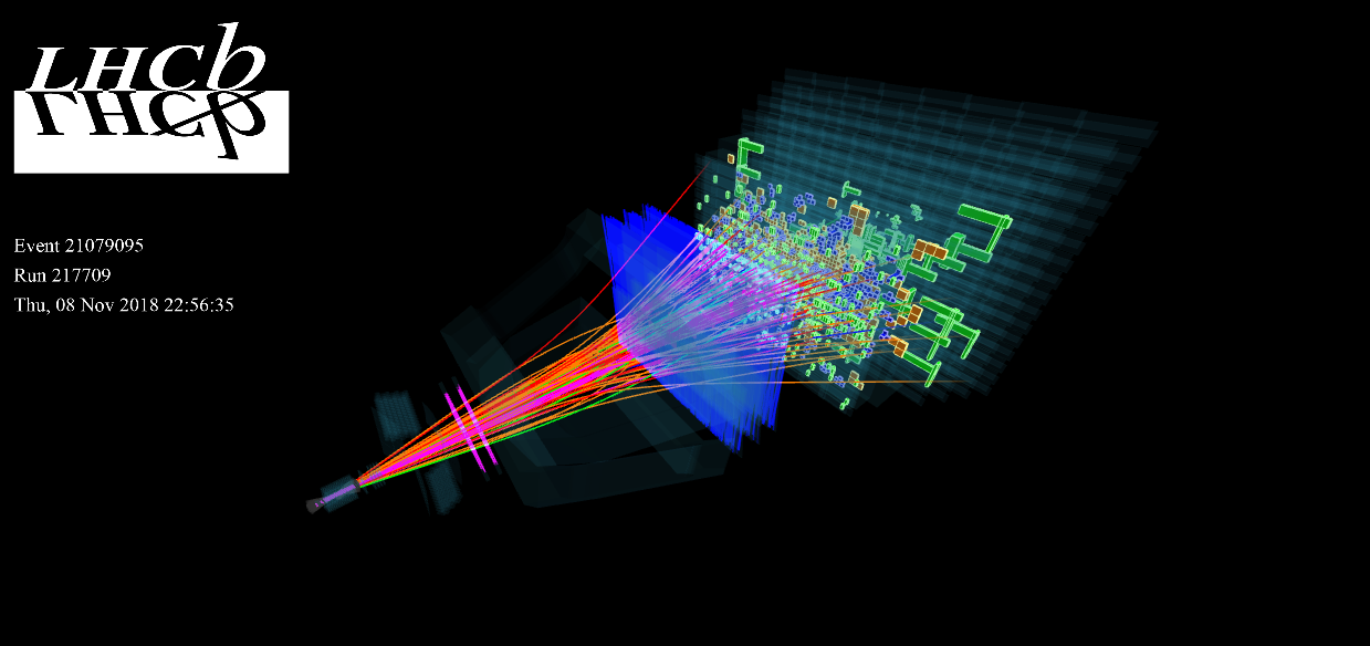 Event display of the first lead-lead nuclei collisions generated by the LHCb detector 