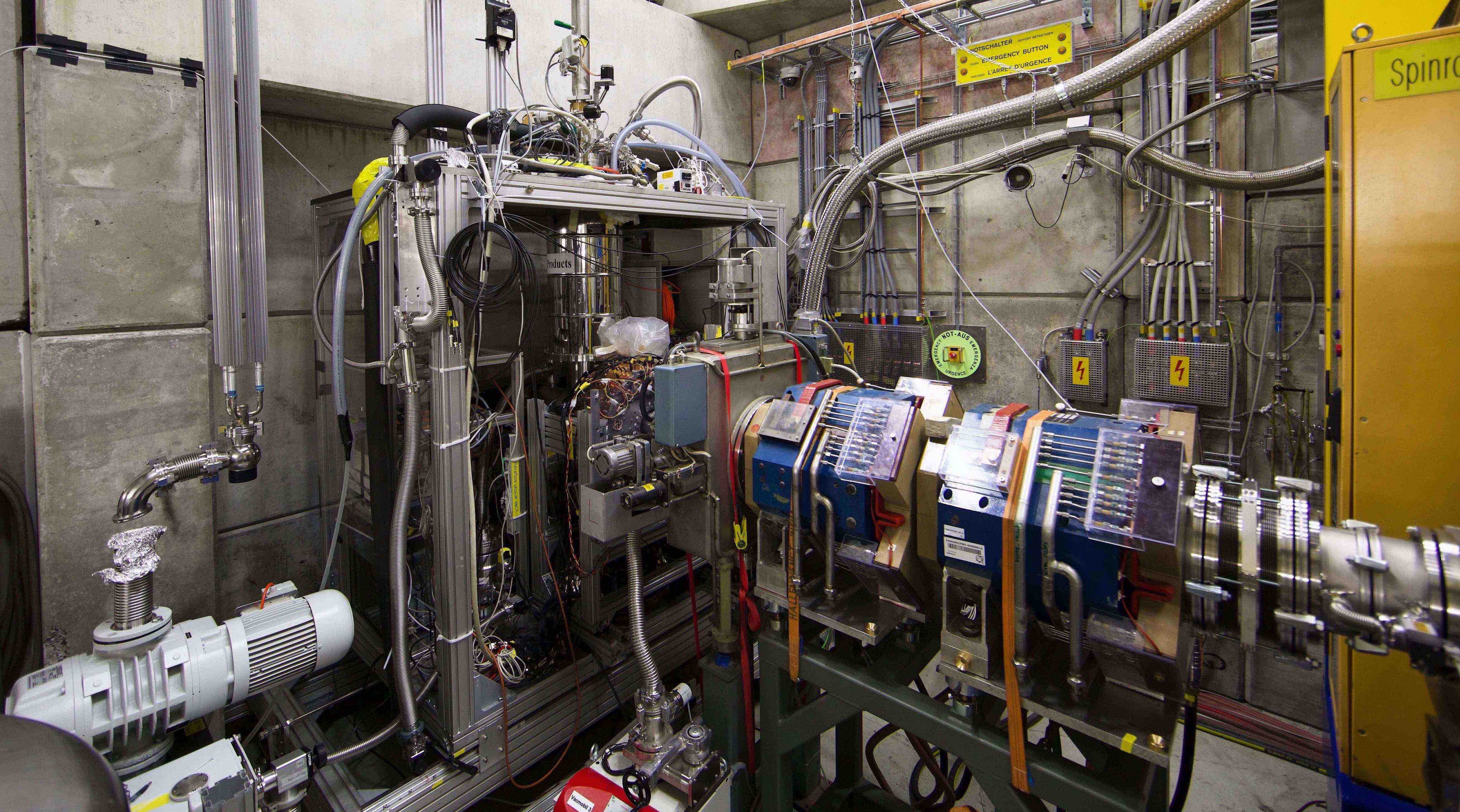 Experimental apparatus used to synthesise pionic helium atoms at the Paul Scherrer Institute.