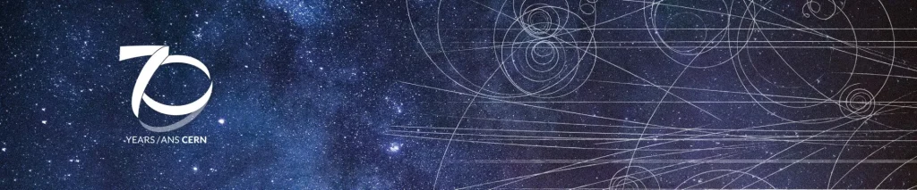 Thumbnail created for CERN 70th anniversary: it combines the logo for the celebration with an image of real particle tracks formed in CERN's first liquid hydrogen bubble chamber to be used in experiments.