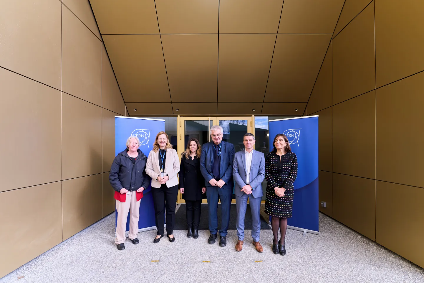 The inauguration of the new data centre in Prévessin. From left to right: Pippa Wells, CERN’s Deputy Director for Research and Computing; Charlotte Warakaulle, CERN’s Director for International Relations; Aurélie Charillon, Mayor of Prévessins-Moëns; Joachim Mnich, CERN’s Director for Research and Computing; Yves Nussbaum, Director Marché Industrie, AXIMA; and Enrica Porcari, Head of Information Technology Department at CERN