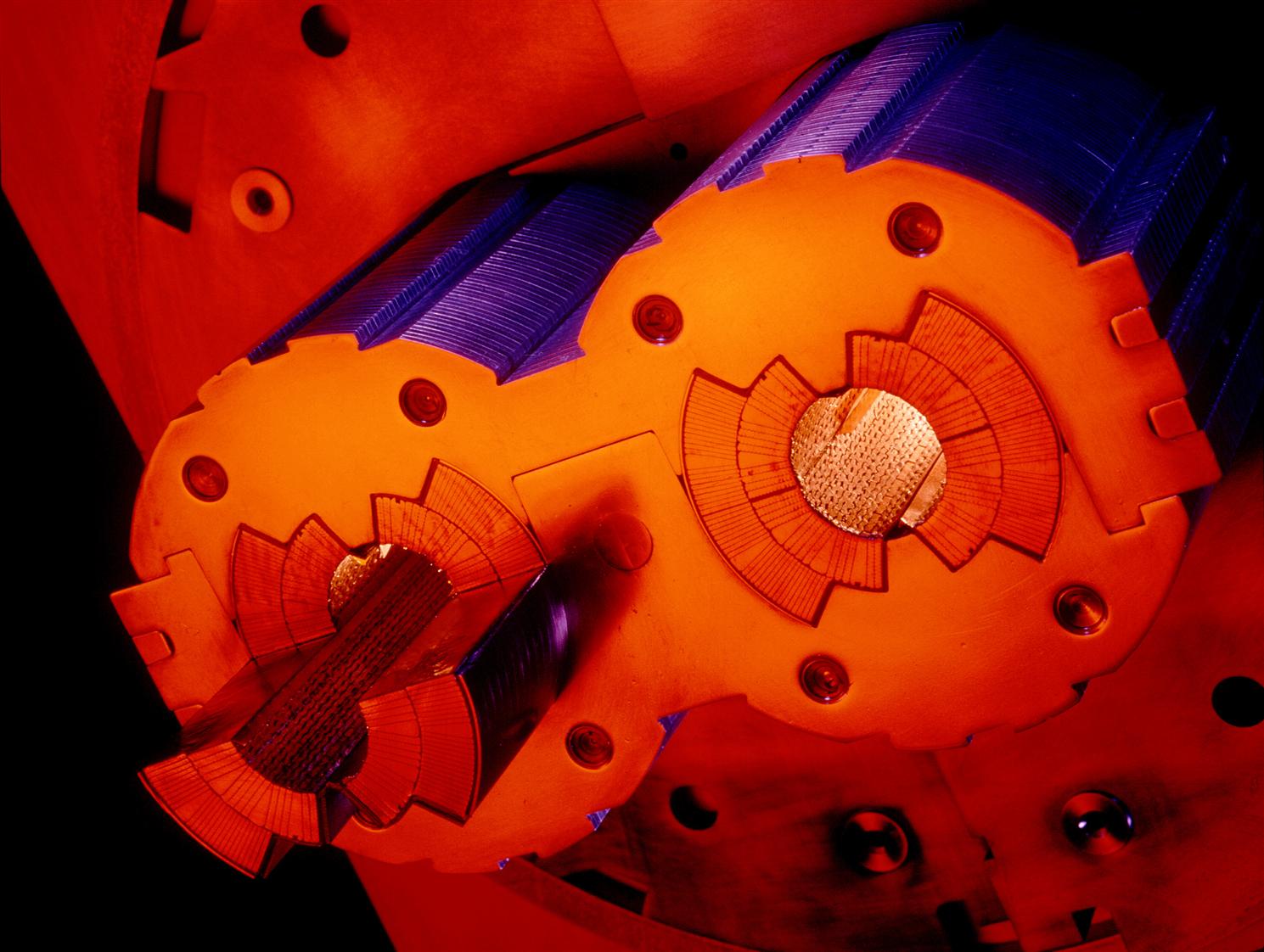Photo of a prototype superconducting magnet for the LHC