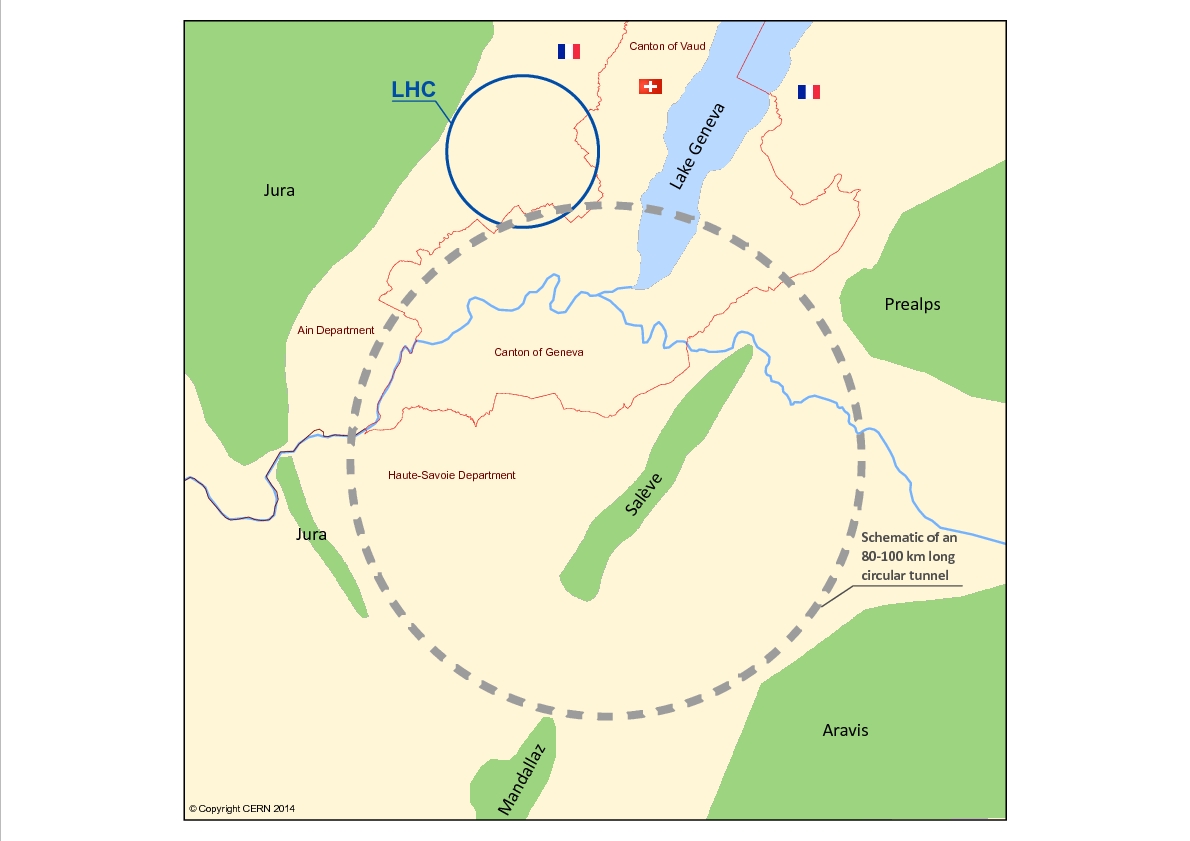 Schematic of an 80-100 km long circular tunnel