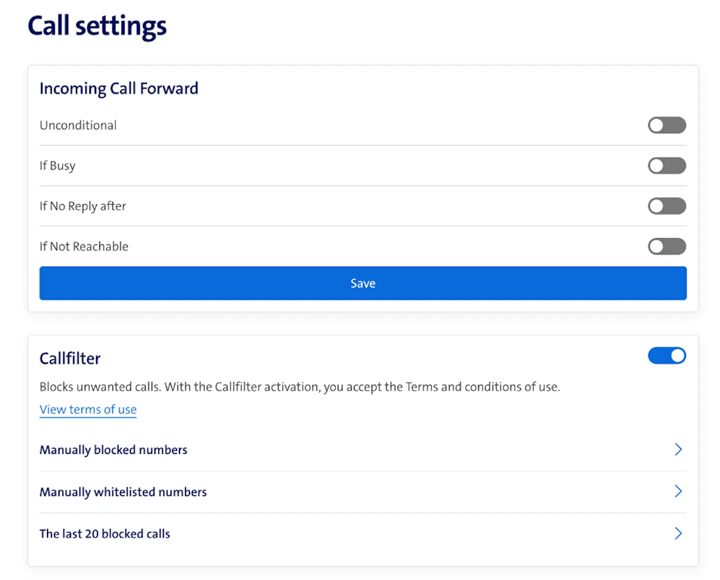 Call settings page