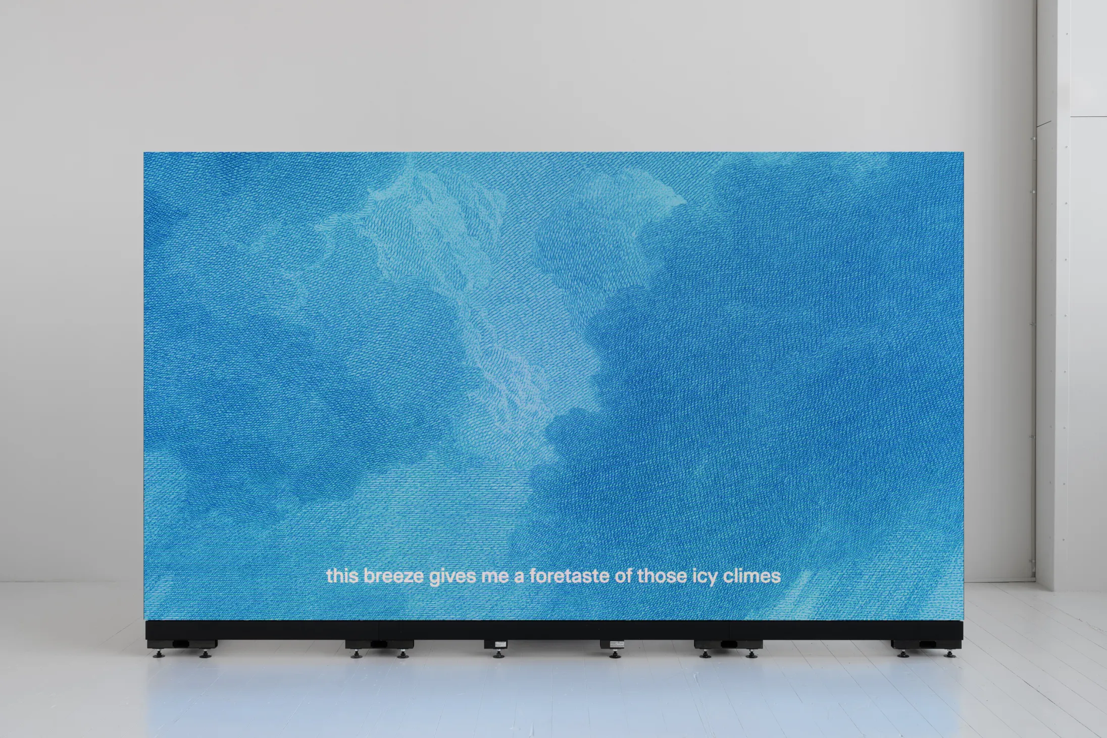 A big blue screen in front of a white background. The subtitles say 