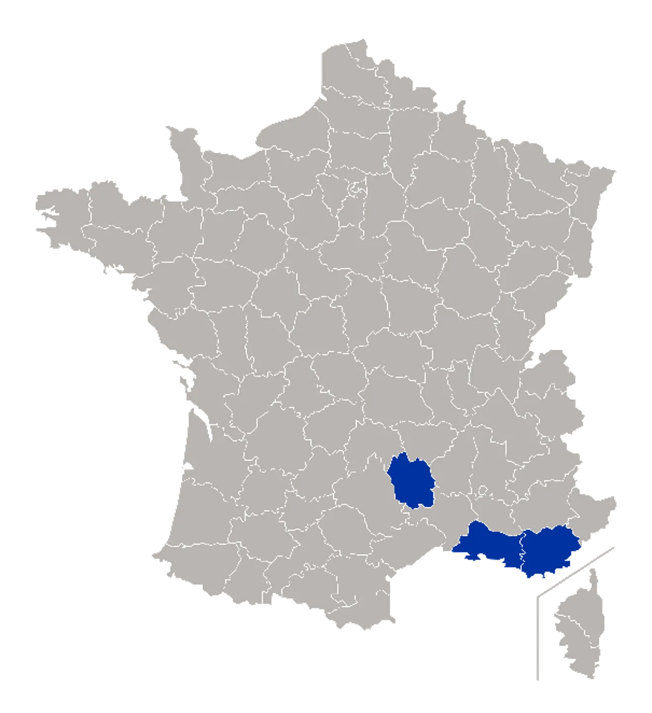 Map showing departments of France, three of which are highlighted