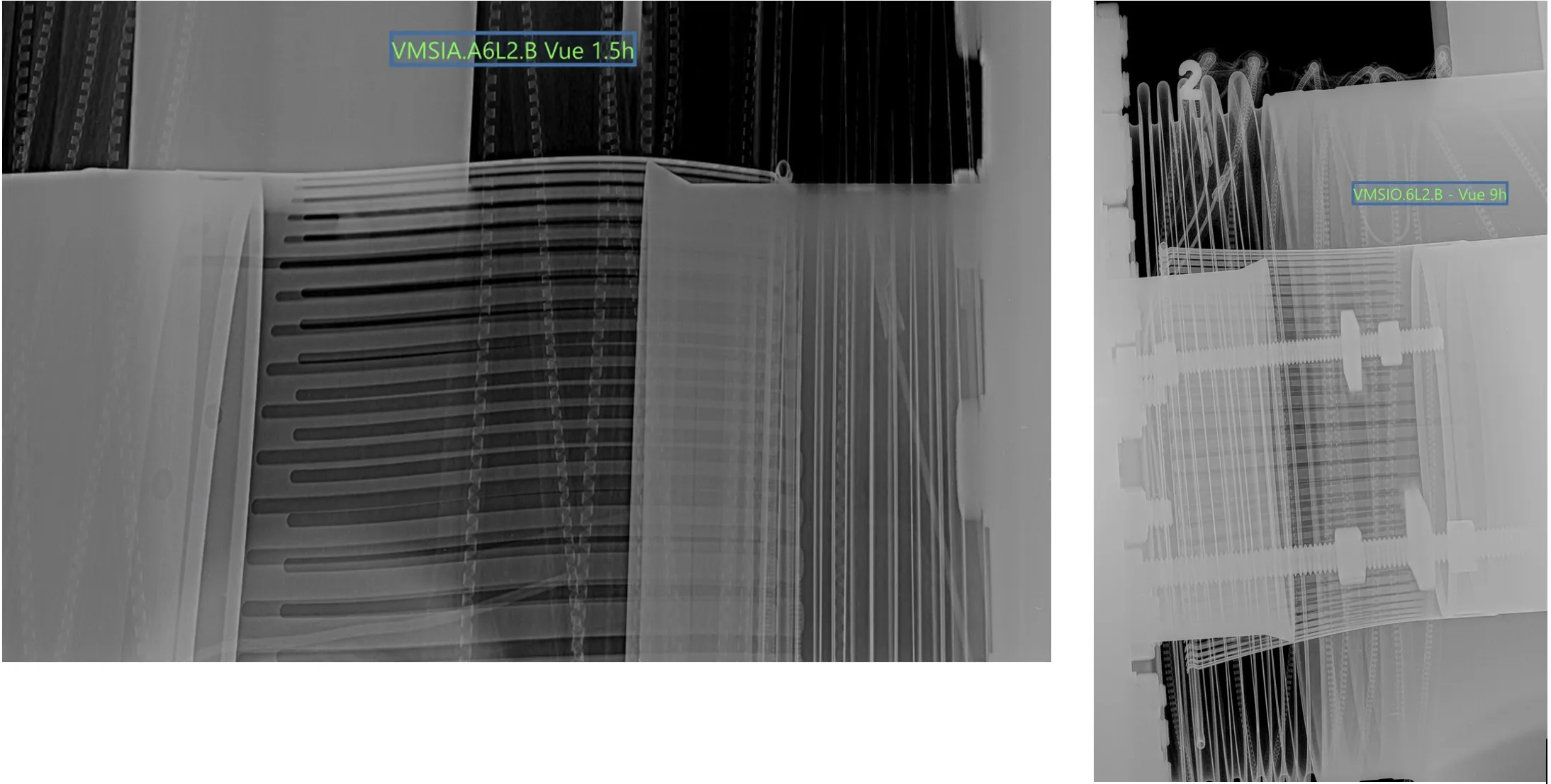 2 black and white X-ray images with green text over the top that reads VMSIA.A6L2.B Vue 1.5h (left) and VMSIO.6L2.B - Vue 9h