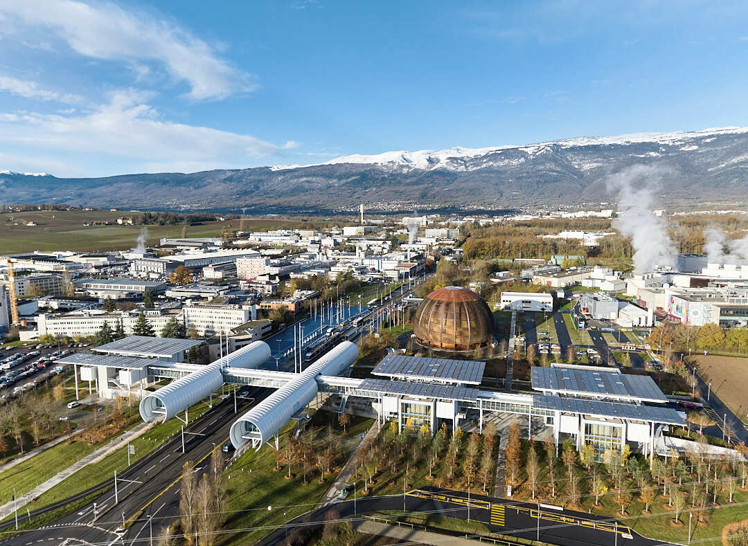Aerial view of CERN, showing Science Gateway in particular, and the Globe of Science and Innovation