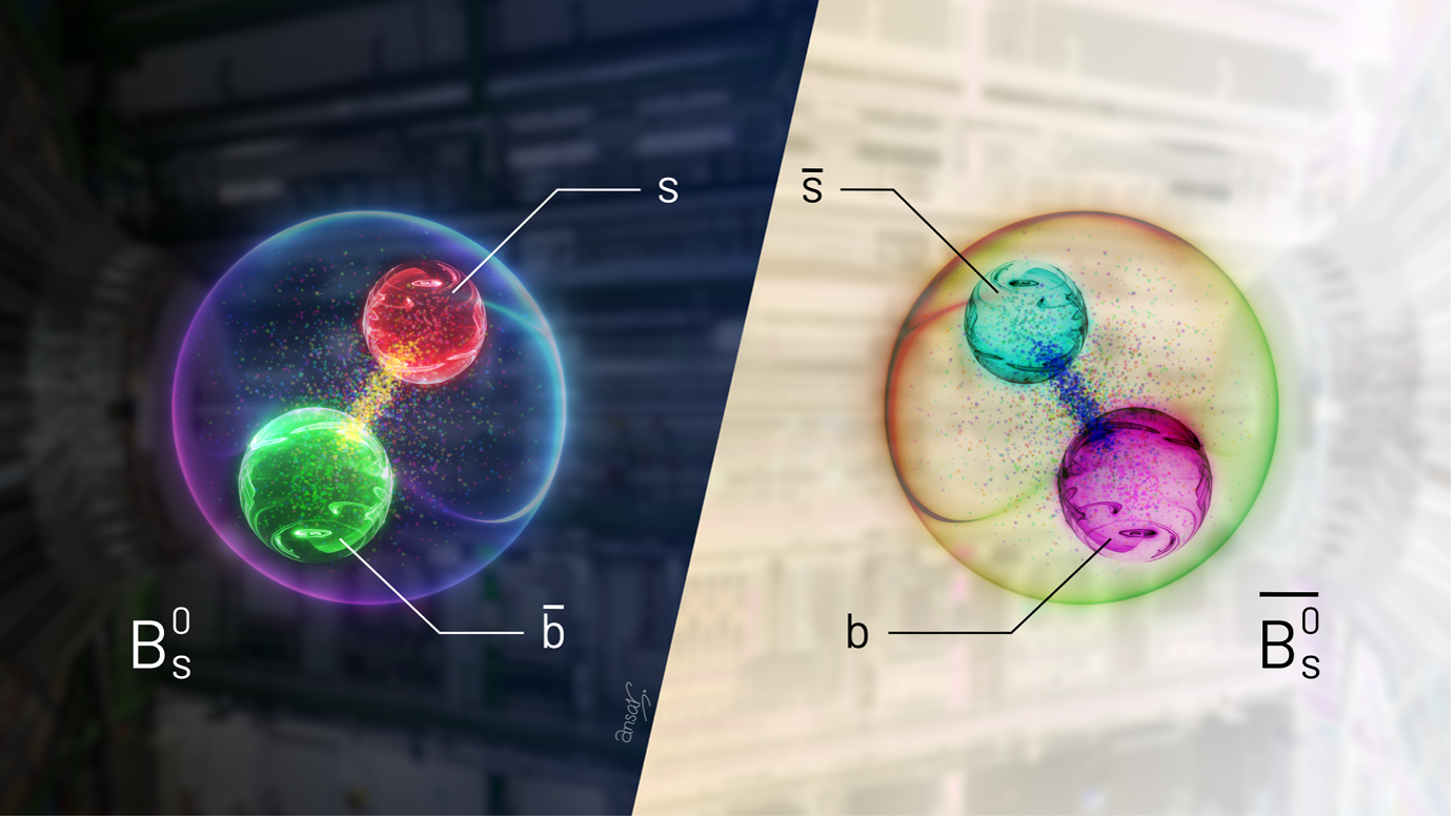 Diagram showing a B0S meson on the left (made up of a strange and anti bottom quark) and it's antiparticle on the right (made up of an anti strange and bottom quark)