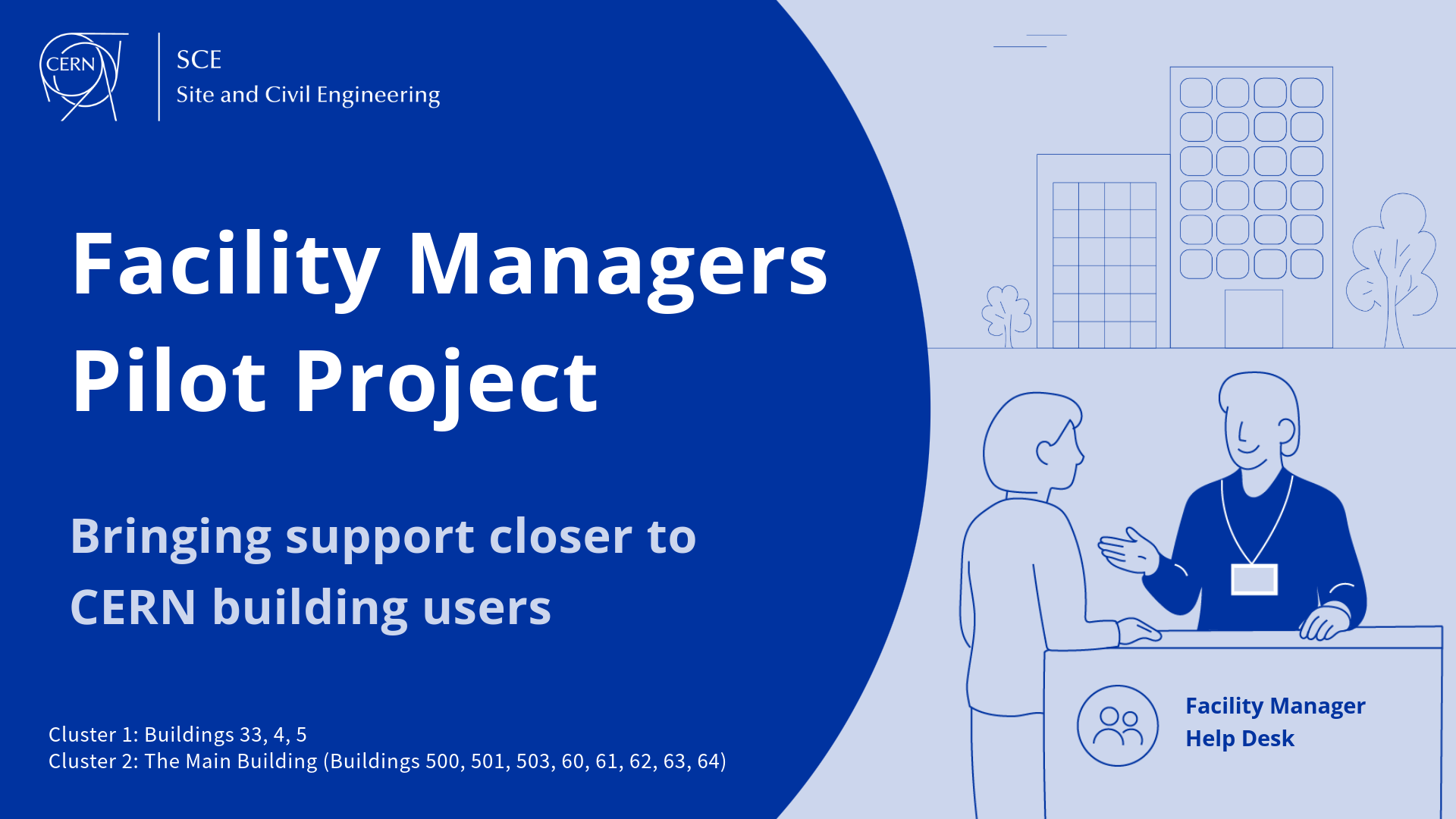 SCE, Site and Civil Engineering Facility Managers Pilot Project Bringing support closer to CERN building users Cluster 1: Buildings 33, 4, 5 Cluster 2: The Main Building (Buildings 500, 501, 503, 60, 61, 62, 63, 64)