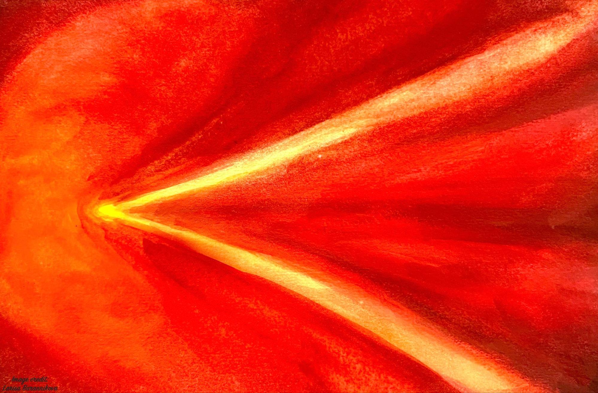 A bright yellow sideways curved V shape on a bright red background.